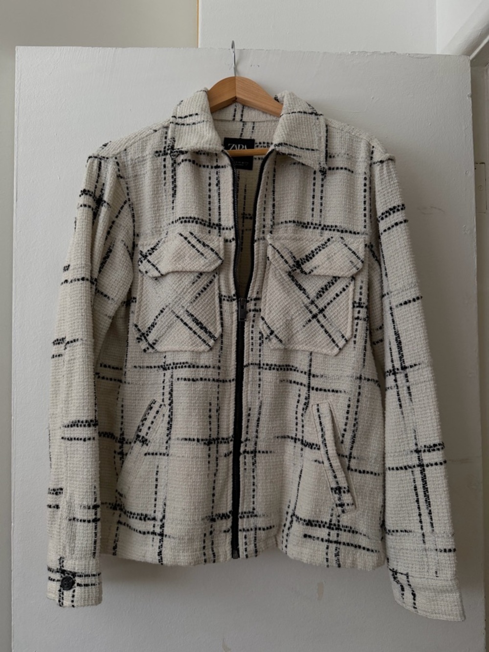 Zara Cream Jacket with Black Windowpane Check and Zip Front